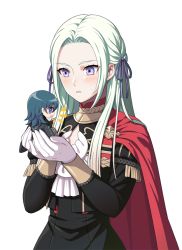 Rule 34 | 2girls, :d, black jacket, blue eyes, blue hair, blush, byleth (female) (fire emblem), byleth (fire emblem), cape, commentary, edelgard von hresvelg, fire emblem, fire emblem: three houses, forehead, garreg mach monastery uniform, hair ribbon, holding person, jacket, long hair, long sleeves, looking at another, mini person, minigirl, multiple girls, nintendo, open mouth, parted lips, pukui, purple eyes, purple ribbon, red cape, ribbon, silver hair, simple background, smile, upper body, white background