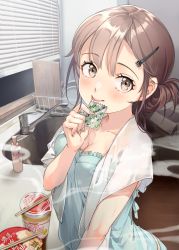 Rule 34 | 1girl, absurdres, almic, blue shirt, blush, breasts, brown eyes, brown hair, chopsticks, cleavage, cup ramen, hair ornament, hairclip, hand up, highres, indoors, instant ramen, looking at viewer, medium breasts, medium hair, nissin cup noodle, original, shirt, sink, smile, soap bottle, solo, standing, steam, sweat, tongue, tongue out, window, window blinds
