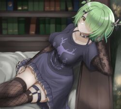 Rule 34 | antlers, black shirt, black sleeves, bookshelf, breasts, ceres fauna, ceres fauna (goth), choker, detached sleeves, fishnet thighhighs, fishnets, floral print sleeves, flower, green hair, hair flower, hair ornament, hair over one eye, hairpin, heart o-ring, highres, hololive, hololive english, horns, large breasts, looking at viewer, nail polish, o-ring, o-ring choker, o-ring thigh strap, official alternate costume, purple nails, redundant-cat, shirt, thigh strap, thighhighs, virtual youtuber, yellow eyes