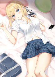 Rule 34 | 1girl, bag, bed sheet, black bow, black bowtie, blonde hair, blue eyes, blue skirt, blush, bow, bowtie, breasts, cellphone, collarbone, collared shirt, hair between eyes, highres, kanata (kanade pa), long hair, looking at viewer, lying, medium breasts, miniskirt, on back, original, parted lips, phone, plaid, plaid skirt, pleated skirt, school bag, school uniform, shirt, short sleeves, skirt, smartphone, solo, striped bow, striped bowtie, striped clothes, unbuttoned, unbuttoned shirt, unworn bowtie, white shirt, wing collar