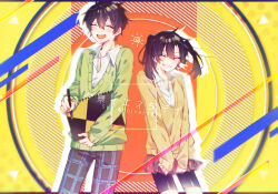 Rule 34 | 1boy, 1girl, ^ ^, anniversary, black hair, black pants, black skirt, blue pants, blurry, cardigan, closed eyes, collared shirt, english text, enomoto takane, facing viewer, feet out of frame, green cardigan, height difference, holding, holding pencil, holding sketchbook, kagerou project, kokonose haruka, long sleeves, miniskirt, multicolored background, muuta04, open mouth, pants, pencil, plaid, plaid pants, plaid skirt, red skirt, school uniform, shirt, short hair, sketchbook, skirt, sleeves past wrists, solo, song name, striped, sun, teeth, twintails, vertical stripes, vocaloid, yellow cardigan, yuukei yesterday (vocaloid)
