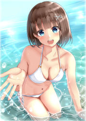Rule 34 | 1girl, :d, absurdres, bare legs, bikini, blue eyes, blunt bangs, breasts, brown hair, cleavage, commentary request, day, hair ornament, hairclip, highres, himura moritaka, kneeling, looking at viewer, medium breasts, navel, ocean, open mouth, original, outdoors, partially submerged, short hair, smile, solo, swimsuit, teeth, upper teeth only, water drop, wet, white bikini