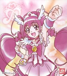 Rule 34 | 1girl, blush, choker, clenched hands, cure happy, highres, hoshizora miyuki, long hair, magical girl, official art, open mouth, pink choker, pink eyes, pink hair, pink skirt, pouch, precure, skirt, smile, smile precure!, solo, third-party source, tiara, twintails, wing hair ornament, wrist cuffs
