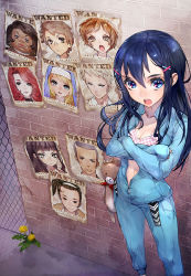 Rule 34 | 1girl, blue eyes, blue hair, breasts, center opening, cleavage, crossed arms, dark skin, dark-skinned female, dengeki bunko, hair ornament, hairclip, hitowa, long hair, lowres, matching hair/eyes, navel, nun, poster (object), solo, stuffed toy, unzipped, wanted