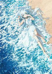 Rule 34 | 1girl, beach, blending, blue eyes, blush, dress, from above, full body, hair between eyes, highres, long hair, looking at viewer, lying, on back, original, outdoors, potg (piotegu), solo, very long hair, water, waves, white dress, white hair