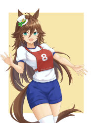 Rule 34 | 1girl, animal ears, aqua eyes, bandeau, blue shorts, brown hair, character name, commentary, cowboy shot, gym shirt, gym shorts, gym uniform, hat, highres, horse ears, horse girl, horse tail, kemuri (etep3372), long hair, looking at viewer, mini hat, mini top hat, mr. c.b. (umamusume), open mouth, race bib, shirt, short sleeves, shorts, smile, solo, standing, tail, thighhighs, tilted headwear, top hat, translated, umamusume, waving, white hat, white shirt, white thighhighs, yellow bandeau