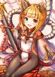 Rule 34 | 1girl, :d, animal ears, bare shoulders, black pantyhose, blonde hair, blush, breasts, brown eyes, commentary request, detached sleeves, dog ears, dress, erune, granblue fantasy, hair ornament, highres, holding, long hair, long sleeves, looking at viewer, open mouth, pantyhose, pelvic curtain, rope, sakura ani, shimenawa, sitting, small breasts, smile, solo, vajra (granblue fantasy), white dress, wide sleeves