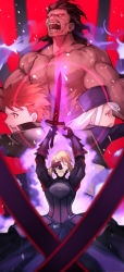 Rule 34 | 2boys, 2girls, armor, armored dress, artoria pendragon (all), artoria pendragon (fate), black armor, black dress, black gloves, black hair, blonde hair, brown eyes, dress, emiya shirou, excalibur morgan (fate), fate/stay night, fate (series), gloves, half mask, heracles (fate), highres, holding, holding sword, holding weapon, illyasviel von einzbern, long hair, mask, multiple boys, multiple girls, muscular, open mouth, orange hair, red background, red eyes, saber alter, topless male, short hair, sword, teeth, weapon, white hair, yellow eyes, yoshio (55level)