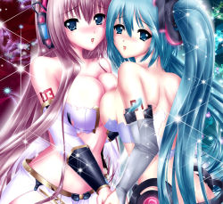 Rule 34 | 2girls, aqua eyes, aqua hair, bare shoulders, blush, breast press, breasts, bridal gauntlets, eyebrows, hatsune miku, hatsune miku (append), holding hands, large breasts, long hair, looking at viewer, megurine luka, multiple girls, nohoho (kakikonchi), open mouth, pink hair, symmetrical docking, twintails, very long hair, vocaloid, vocaloid append, yuri