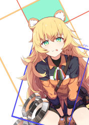 Rule 34 | 1girl, abstract background, animal ears, aqua eyes, arms between legs, blonde hair, cowboy shot, girls&#039; frontline, gloves, green eyes, hair between eyes, highres, jacket, long hair, looking at viewer, messy hair, outside border, s.a.t.8 (girls&#039; frontline), shield module, signature, sitting, solo, tongue, tongue out, v arms, wing collar, zhayin-san