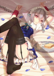 Rule 34 | 1girl, apron, bad id, bad pixiv id, bdsm, bed, black panties, black thighhighs, bondage, bound, bound wrists, braid, bread, breasts, captured, chain, chained, corset, covered erect nipples, crossed legs, cuffs, feet, female focus, food, fork, garter belt, garter straps, glass, highres, izayoi sakuya, lace, lace-trimmed legwear, lace-trimmed panties, lace panties, lace trim, legs, lingerie, long legs, looking at viewer, lying, maid, maid apron, maid headdress, mvv, no shoes, on back, on bed, panties, pantyshot, petals, rancy, red eyes, short hair, silver hair, sitting, small breasts, soles, thighhighs, thighs, toe-point, toes, touhou, tray, twin braids, underbust, underwear, window shadow