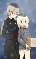 Rule 34 | 2girls, blonde hair, blue eyes, blush, box, coat, gloves, green eyes, hanna rudel, hat, helma lennartz, holding, jacket, military, military uniform, multiple girls, official style, open mouth, panties, ponytail, rasielcochma, scar, strike witches, strike witches: suomus misfits squadron, trench coat, underwear, uniform, white panties, world witches series