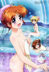 Rule 34 | 4girls, absurdres, ass, bath, bathing, blonde hair, blue eyes, blue hair, blush, breast hold, breasts, brown hair, butt crack, completely nude, covering privates, fate testarossa, flat chest, from behind, hair ornament, hashidate kana, highres, indoors, long hair, looking at viewer, looking back, lyrical nanoha, mahou shoujo lyrical nanoha, megami magazine, mini person, minigirl, multiple girls, nude, official art, open mouth, partially submerged, purple eyes, red eyes, reinforce zwei, scan, shiny skin, short hair, sitting, smile, steam, takamachi nanoha, topless, towel, towel on head, very long hair, water, wet, wet hair, x hair ornament, yagami hayate
