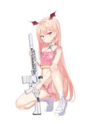 Rule 34 | 1girl, absurdres, assault rifle, bare arms, bare shoulders, blonde hair, choker, crop top, crop top overhang, frilled choker, frills, gun, head wings, highres, holding, holding gun, holding weapon, keibeam, long hair, looking at viewer, m4 carbine, midriff, on one knee, open fly, original, pink choker, pink shirt, pink shorts, red eyes, rifle, shirt, shoes, short shorts, shorts, sig mcx, simple background, sleeveless, sleeveless shirt, socks, solo, stomach, strap slip, thighs, v-shaped eyebrows, very long hair, weapon, weapon request, white background, white footwear, white socks, wings