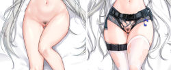 Rule 34 | 1girl, arknights, aurora (arknights), butuo (butuo13), cleft of venus, dakimakura (medium), feet out of frame, female pubic hair, gluteal fold, grey shorts, highres, knee up, long hair, lower body, multiple views, navel, no panties, pubic hair, pussy, short shorts, shorts, skindentation, stomach, thigh gap, thigh strap, thighhighs, torn clothes, torn shorts, torn thighhighs, uncensored, very long hair, white thighhighs