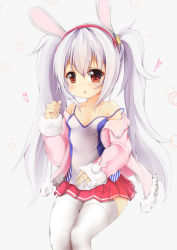 Rule 34 | 1girl, animal ears, azur lane, bare shoulders, blush, camisole, collarbone, fur-trimmed jacket, fur-trimmed sleeves, fur trim, grey background, hair between eyes, hair ornament, hairband, hand up, heart, highres, jacket, laffey (azur lane), long hair, long sleeves, looking away, maru shion, open clothes, open jacket, parted lips, pink jacket, pleated skirt, rabbit ears, red eyes, red hairband, red skirt, silver hair, simple background, sitting, skirt, sleeves past wrists, solo, strap slip, thighhighs, twintails, very long hair, white camisole, white thighhighs