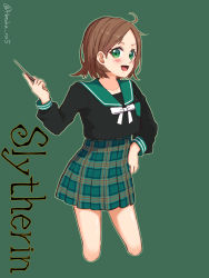 Rule 34 | 1girl, brown hair, green background, green eyes, hatoka ra5, highres, niconico, shirt, short hair, solo, urako (uratanuki), urashimasakatasen, uratanuki, utaite, wand