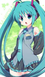 Rule 34 | 1girl, ahoge, aqua eyes, aqua hair, character name, detached sleeves, hatsune miku, headset, highres, long hair, necktie, open mouth, skirt, sleeves past wrists, solo, star (symbol), thighhighs, twintails, usamata, very long hair, vocaloid