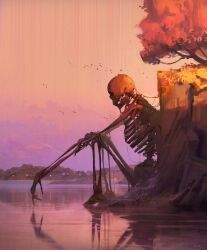 Rule 34 | artist name, bird, building, commentary, english commentary, flock, giant, giant skeleton, gradient sky, highres, jocelin carmes, knees up, lamppost, no humans, original, outdoors, scenery, signature, sitting, skeleton, sky, tree, twilight, water
