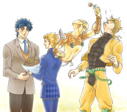 Rule 34 | 4boys, blonde hair, blue eyes, bouquet, dio brando, father&#039;s day, father and son, flower, formal, giorno giovanna, gold experience, jojo no kimyou na bouken, jonathan joestar, male focus, multiple boys, nora (act2), punching, stand (jojo), suit, vento aureo
