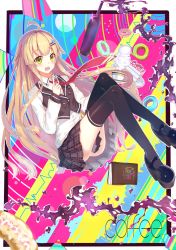 Rule 34 | 1girl, bad id, bad pixiv id, black thighhighs, blonde hair, blush, book, brown skirt, coffee, coffee cup, cup, disposable cup, echj, full body, green eyes, hair ornament, hairclip, highres, index finger raised, long hair, looking at viewer, necktie, open mouth, original, plaid, plaid skirt, plate, red necktie, skirt, solo, steam, teeth, thighhighs