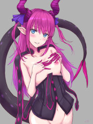 Rule 34 | bad id, bad pixiv id, blue eyes, blue ribbon, blush, bottomless, breasts, commentary request, corset, curled horns, dragon girl, dragon tail, elizabeth bathory (fate), elizabeth bathory (fate/extra ccc), elizabeth bathory (first ascension) (fate), enporion, fang, fang out, fate/extra, fate/extra ccc, fate/grand order, fate (series), flat chest, grey background, grin, highres, horns, idol, long hair, looking at viewer, navel, nipples, no panties, out-of-frame censoring, pink hair, pointy ears, ribbon, shiny skin, simple background, small breasts, smile, solo, tail, thighs