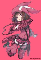 Rule 34 | 1girl, animal ears, animal hat, black footwear, boots, brown hair, bullpup, commentary request, fur-trimmed gloves, fur trim, gloves, gun, hat, holding, holding gun, holding weapon, hong (white spider), jacket, llenn (sao), long sleeves, p-chan (p90), p-chan (sao), p90, pants, parted lips, patreon username, personal defense weapon, pink background, pink gloves, pink hat, pink jacket, pink pants, rabbit ears, rabbit hat, red eyes, short hair, simple background, solo, submachine gun, sword art online, sword art online alternative: gun gale online, teeth, upper teeth only, watermark, weapon