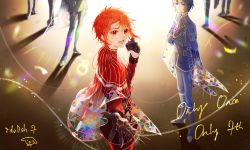 Rule 34 | 6+boys, absurdres, highres, idolish7, izumi iori, lens flare, looking at viewer, male focus, multiple boys, nanase riku, outstretched hand, reaching, reaching towards viewer, red eyes, red hair, short hair, smile, youye139