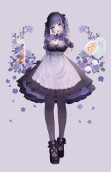 Rule 34 | 1girl, apron, black dress, black pantyhose, blue eyes, breasts, cleavage, commentary request, cup, dress, flower, full body, headdress, highres, lipstick, magako, maid, maid apron, maid headdress, makeup, original, pantyhose, purple hair, short sleeves, solo, teacup, twintails, waist apron, wrist cuffs