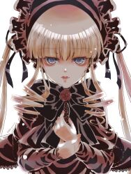 Rule 34 | 1girl, blonde hair, blue eyes, bonnet, capelet, dress, drill hair, expressionless, flower, highres, jewelry, kiru (m putorius), lolita fashion, long hair, long sleeves, looking at viewer, own hands together, red capelet, red dress, ring, rose, rozen maiden, shinku, simple background, solo, twintails, upper body, white background