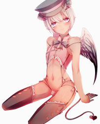 Rule 34 | 1boy, arm support, bananaxcs7, bow, bulge, choker, demon boy, demon wings, feathered wings, frilled legwear, frilled panties, frills, gloves, hat, heart cutout, horns, demon boy, looking at viewer, male focus, navel, original, panties, parted lips, revision, simple background, sitting, solo, tail, trap, underwear, wings