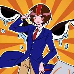 Rule 34 | 1other, androgynous, blue jacket, bright pupils, brown hair, brown pants, collared shirt, cowboy shot, highres, jacket, kokutenshi hibaru, len&#039;en, long sleeves, looking at viewer, necktie, open mouth, other focus, pants, red eyes, red headwear, red necktie, salute, seknis, shirt, short hair, smile, solo, white shirt, wings, yellow pupils