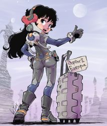 Rule 34 | 1girl, ass, black hair, commentary, curly hair, full body, hand on own hip, headgear, highres, hitchhiking, kiichi, long hair, looking back, luggage, original, rolling suitcase, science fiction, sign, skin tight, solo, spacesuit, suitcase, thumbs up