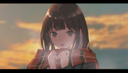 1girl :o blunt_bangs blurry blurry_background breath brown_hair cloud depth_of_field enpera green_eyes hands_up jacket letterboxed long_sleeves looking_at_viewer noanoa-iroha open_mouth original outdoors plaid_clothes plaid_scarf red_scarf scarf sky solo sunset teeth upper_body upper_teeth_only