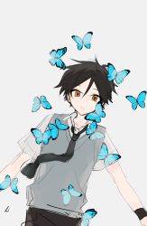 Rule 34 | 1boy, black hair, black necktie, black wristband, blue butterfly, bug, butterfly, collarbone, collared shirt, commentary request, grey background, grey sweater vest, guu (guu8), highres, insect, looking at viewer, male focus, necktie, orange eyes, original, parted lips, shirt, short hair, short sleeves, simple background, solo, sweater vest, upper body, very short hair, white shirt, wristband