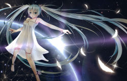 Rule 34 | 1girl, 7lark, anklet, bad id, bad pixiv id, barefoot, bracelet, dress, feathers, green eyes, green hair, hatsune miku, jewelry, long hair, matching hair/eyes, open mouth, outstretched arm, planet, see-through, see-through silhouette, solo, sunlight, twintails, very long hair, vocaloid