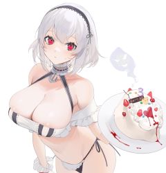 Rule 34 | 1girl, anchor ornament, areola slip, azur lane, bad id, bad twitter id, bare shoulders, bikini, black hairband, black ribbon, blush, breasts, cake, cleavage, closed mouth, collarbone, cowboy shot, cream, food, fruit, giving up the ghost, hairband, heart, highres, holding, holding plate, large breasts, maid, maid bikini, maid headdress, mismatched bikini, mushroom, navel, neck garter, off shoulder, ohisashiburi, plate, red eyes, ribbon, short hair, side-tie bikini bottom, silver hair, simple background, sirius (azur lane), solo, strawberry, sweat, swimsuit, unconventional maid, white background, wrist cuffs