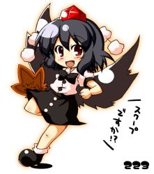Rule 34 | 1girl, bird wings, black hair, blush, bow, hand fan, female focus, hat, open mouth, puffy sleeves, red eyes, shameimaru aya, short hair, short sleeves, solo, takasegawa yui, tokin hat, touhou, translation request, white background, wings