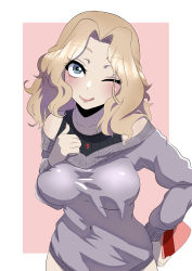 Rule 34 | 1girl, :q, absurdres, black shirt, blonde hair, blue eyes, box, breasts, casual, closed mouth, commentary, cowboy shot, gift, gift box, girls und panzer, grey sweater, hair intakes, hand on own hip, heart-shaped box, highres, holding, holding gift, jewelry, kay (girls und panzer), long hair, looking at viewer, medium breasts, necklace, no pants, off-shoulder sweater, off shoulder, one eye closed, outside border, pink background, shirt, smile, solo, standing, sweater, tank top, tenpura32200, tongue, tongue out