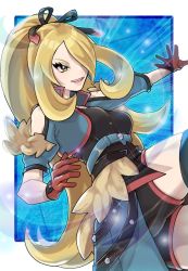 Rule 34 | 1girl, blonde hair, breasts, creatures (company), cynthia (pokemon), cynthia (sygna suit) (aura) (pokemon), fu (tk1189227dhy), game freak, gloves, hair over one eye, hair ribbon, highres, long hair, nintendo, official alternate costume, open mouth, outstretched arm, pokemon, pokemon masters ex, ponytail, ribbon, smile, solo, sparkle, teeth, very long hair
