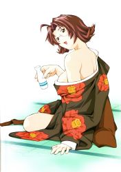 Rule 34 | 00s, 1girl, absurdres, breasts, brown eyes, brown hair, cup, drunk, glasses, happy, highres, ikkitousen, japanese clothes, kimono, large breasts, legs, looking back, mature female, no bra, official art, open mouth, shiozaki yuji, short hair, simple background, sitting, smile, solo, sonsaku goei, thighs, white background
