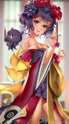 Rule 34 | 1girl, blurry, blurry background, breasts, calligraphy brush, fate/grand order, fate (series), hair ornament, holding, holding paintbrush, japanese clothes, katsushika hokusai (fate), kimono, looking at viewer, medium breasts, octopus, off shoulder, open mouth, paintbrush, profile, purple eyes, purple hair, short hair, solo, standing, tattoo, viola (seed)