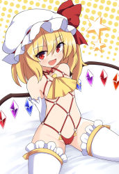 Rule 34 | 1girl, ascot, bare shoulders, blonde hair, breasts, cameltoe, cleft of venus, fang, female focus, flandre scarlet, gloves, hat, hat ribbon, long hair, looking at viewer, mob cap, open mouth, red eyes, red ribbon, revealing clothes, ribbon, rizento, sitting, small breasts, smile, solo, spread legs, thighhighs, touhou, white background, white gloves, white hat, white thighhighs, wings, wrestling outfit, yellow ascot