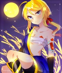 Rule 34 | 1girl, ame (module), asymmetrical clothes, bare shoulders, blonde hair, blue eyes, blush, breast tattoo, breasts, cleavage, flower tattoo, full moon, hair ribbon, head tilt, kagamine rin, kawahara chisato, knees up, light particles, looking at viewer, moon, night, night sky, open clothes, ponytail, project diva (series), ribbon, sarashi, shoulder tattoo, sidelocks, sitting, sky, small breasts, smile, solo, tattoo, vocaloid