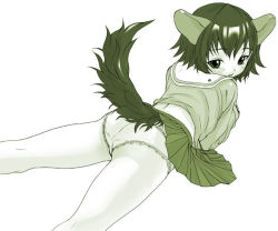 Rule 34 | animal ears, ass, back, copyright request, dog ears, green theme, inuburo, looking back, lying, monochrome, panties, short hair, skirt, solo, tail, underwear