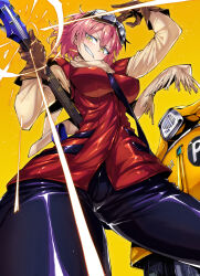 Rule 34 | 1girl, black pants, brown gloves, electric guitar, flcl, from below, gloves, goggles, goggles on head, grin, guitar, haruhara haruko, highres, holding, holding guitar, holding instrument, instrument, jacket, looking at viewer, looking down, medium hair, motor vehicle, pants, pink hair, red jacket, scooter, shimure (460), simple background, sleeveless, sleeveless jacket, smile, solo, vespa, yellow background, yellow eyes