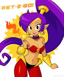 1girl absurdres blue_eyes breasts cleavage dark-skinned_female dark_skin earrings fire gold_earrings gold_hairband hairband highres index_finger_raised jewelry navel open_mouth pointy_ears ponytail purple_hair shantae shantae_(series) vinny_(dingitydingus) wayforward