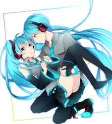 Rule 34 | 1boy, 1girl, aqua eyes, aqua hair, boots, carrying, detached sleeves, eye contact, fingerless gloves, genderswap, genderswap (ftm), gloves, hatsune miku, hatsune mikuo, headset, highres, long hair, looking at another, nail polish, necktie, princess carry, skirt, thigh boots, thighhighs, twintails, very long hair, vocaloid, zaki127