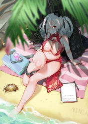 Rule 34 | absurdres, animal ears, arknights, barefoot, beach, bikini, breasts, cleavage, cleavage cutout, clothing cutout, day, drink, eyewear on head, feater (arknights), feet, hair over one eye, highres, ninai, notepad, outdoors, palm tree, panda ears, sand, silver hair, solo, sunglasses, swimsuit, tree, tropical, twintails, water