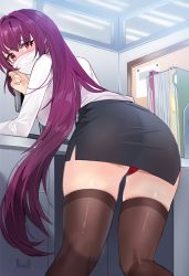 Rule 34 | 1girl, ass, bad id, bad twitter id, bent over, blush, breasts, bulletin board, collared shirt, damda, desk, fate/grand order, fate (series), folder, indoors, long hair, long sleeves, looking at viewer, looking back, mask, monitor, mouth mask, office, office lady, panties, pantyshot, pencil skirt, purple hair, red eyes, red panties, scathach (fate), shirt, skirt, thighhighs, underwear